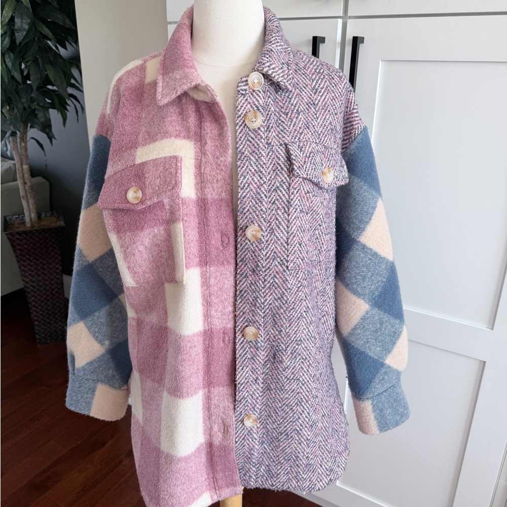 Central Park West Oversized Patchwork Print Pink and Blue Patterned Jacket